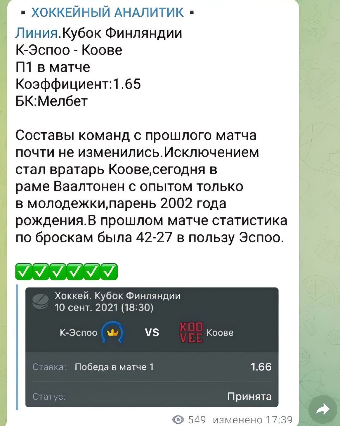 Хоккейный аналитик Телеграмм канал
